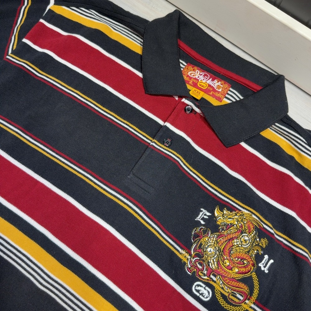 Ecko Unltd Polo Shirt Men's 2XL Black Red Stripe Dragon Embroidery VTG Y2K